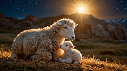 A newborn lamb and its mother resting in a nativity scene,  with the Star of Bethlehem shining in the night sky behind them.