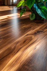 Empty wooden floor with plants for display product. Background for product branding, identity and packaging.  Product placement mockup design background. 