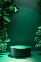 Round podium for display product. Green background for cosmetic product branding, identity and packaging.  Product placement mockup design background surrounded by plants. 