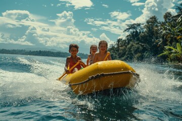 Joyful kid moment riding on a banana boat