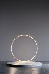 Round podium for display product. Grey background with neon light for cosmetic product branding, identity and packaging.  Product placement mockup design background. 