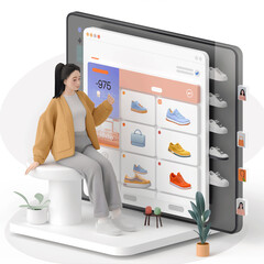 Isometric illustration. The concept of online shopping. Buying through devices from home.