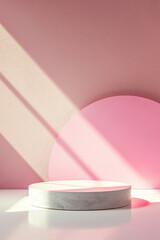 Round stone podium for display product. Pink background for cosmetic product branding, identity and packaging.  Product placement mockup design background. 