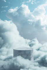 Stone podium for display product surrounded by clouds and sky. Background for cosmetic product branding, identity and packaging.  Product placement mockup design background. 