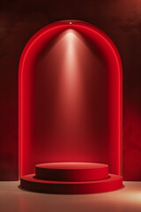 Round podium for display product. Red background for cosmetic product branding, identity and packaging.  Product placement mockup design background. 