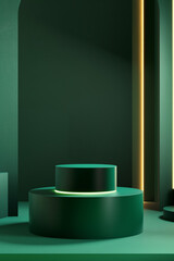 Round podium for display product. Green background for cosmetic product branding, identity and packaging.  Product placement mockup design background. 
