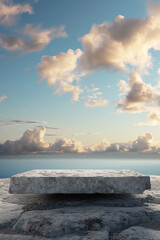 Stone podium for display product surrounded by clouds and sky. Background for cosmetic product branding, identity and packaging.  Product placement mockup design background. 