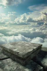 Stone podium for display product surrounded by clouds and sky. Background for cosmetic product branding, identity and packaging.  Product placement mockup design background. 