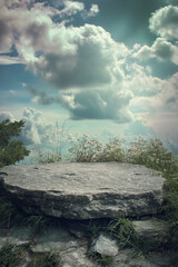 Stone podium for display product surrounded by plants, clouds and sky. Background for cosmetic product branding, identity and packaging.  Product placement mockup design background. 