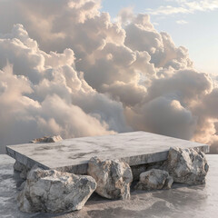 Stone podium for display product surrounded by clouds and sky. Background for cosmetic product branding, identity and packaging.  Product placement mockup design background. 