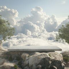 Stone podium for display product surrounded by clouds and sky. Background for cosmetic product branding, identity and packaging.  Product placement mockup design background. 