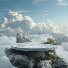 Stone podium for display product surrounded by clouds and sky. Background for cosmetic product branding, identity and packaging.  Product placement mockup design background. 