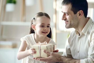Happy little daughter gives a gift to her dad. Father's day celebration. AI generated