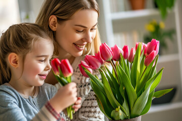 Small daughter gives her mom tulips. Happy Birthday or Mother's Day Greetings. AI generated
