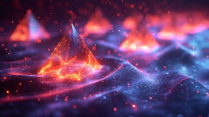 Illustrate an energetic scene of floating holographic triangles scattered across a dark background, with each triangle rotating slowly to display a full range of chromatic shifts.