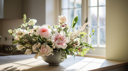 Beautiful floral arrangement with winter, autumn or early spring botanical plants and flowers