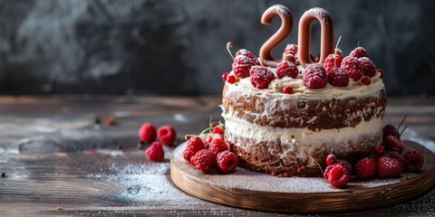 A rich and decadent naked cake topped with raspberries and red currants, displaying number 20.