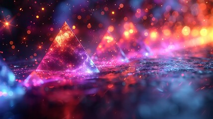 Illustrate an energetic scene of floating holographic triangles scattered across a dark background, with each triangle rotating slowly to display a full range of chromatic shifts.