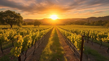 The setting sun casts a golden glow over row upon row of grapevines in a sprawling vineyard,...