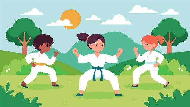 A group of children practicing in a park surrounded by nature and emphasizing the holistic health benefits of youth karate classes.