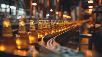 Golden beer bottles on a production line at a brewery with ambient lighting.