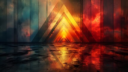 Produce a bold and modern digital art piece featuring a grid of precisely aligned holographic triangles. - obrazy, fototapety, plakaty