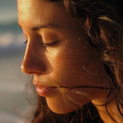 A closeup of a womans face by the ocean, showcasing her nose, hair, cheek, lips, chin, eyebrows, eyelashes, jaw, and neck AIG50