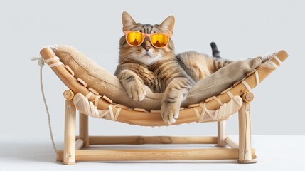 Charming tabby cat lounging on a bamboo hammock wearing orange sunglasses, against a white...