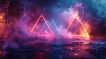 Produce a digital graphic that combines elements of retro and modern styles, with triangles outlined in neon purple and blue set against a dark.