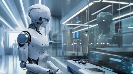 Collaboration between humans and robots in a futuristic research lab.