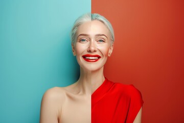 Skincare chronology and biological aging blend through proactive aging, highlighting woman's bleaching and facial care. - obrazy, fototapety, plakaty
