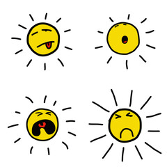 Cartoon happy sun with drunk, sleepy, crying, dislike, proud and trying so hard. Vector for kids, children, drawing book, cheerful, yellow emoji or emoticon illustration.
