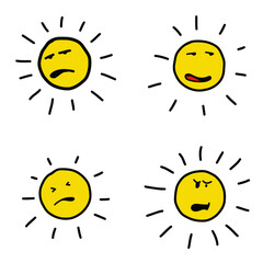Cartoon happy sun with feeling lied upon, distrustful, suspicious, investigating and not believing emotion. Vector for kids, children, drawing book, cheerful, yellow emoji or emoticon illustration.
