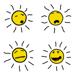 Cartoon happy sun with disturbed, sleepy, yawning, sick or drunk, tired and annoyed gesture. Vector for kids, children, drawing book, cheerful, yellow emoji or emoticon illustration.
