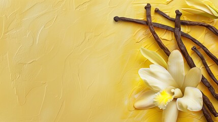 Elegant vanilla and orchid arrangement on a textured yellow background, offering ample copy space.