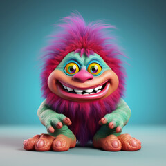 Obraz premium An adorable 3D cartoon model of a small monster with fluffy fur, a red nose, and small teeth is smiling with a friendly and innocent face.