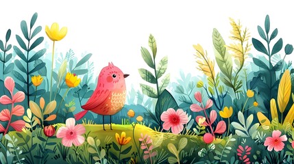 Vibrant Floral Meadow with Colorful Bird Celebrating Natural Habitat Conservation