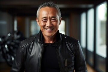 Fototapeta premium Portrait of a blissful asian man in his 60s sporting a classic leather jacket while standing against modern minimalist interior