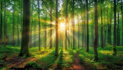 Obraz premium Tranquil sunlight through lush green forest canopy, creating serene picturesque scene