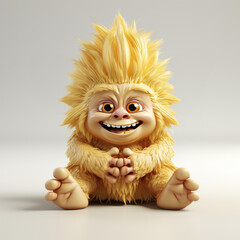 An adorable 3D cartoon model of a small monster with fluffy fur, a red nose, and small teeth is smiling with a friendly and innocent face.