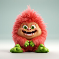Obraz premium An adorable 3D cartoon model of a small monster with fluffy fur, a red nose, and small teeth is smiling with a friendly and innocent face.