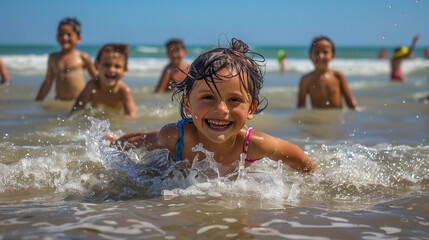 A family, have fun on holiday at the beach, their laughter and happiness captured in heartwarming, Happy family having fun at the beach, sunset
