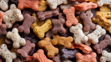 Fototapeta premium Close-up of assorted colorful dog treats shaped like bones in various flavors and textures.