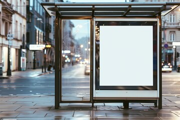 Obraz premium Blank mockup of an advertisement on a bus stop in the city