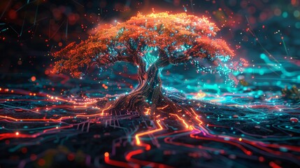 Vibrant digital tree with dynamic roots in a vivid matrix, symbolizing the fusion of organic life and digital realms, concept of cybernetics and virtual growth