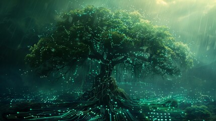 Mystical digital tree thriving under a rain of data, an artistic fusion of natural life and cyber reality, concept of digital ecosystem and information flow
