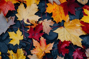 Fototapeta premium Fallen maple leaves in red, yellow and orange colors lie on the ground, empty space for text. The concept of fall