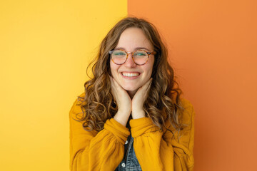 Portrait of a beautiful young woman in a glasses on a studio plain background. AI generated