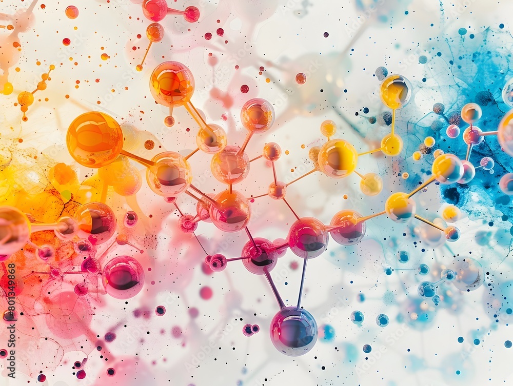 Poster captivating atomic and molecular display on vibrant abstract canvas symbolizing chemical complexity