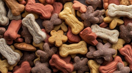 Close-up image of a variety of colorful dog treats in bone and paw shapes.